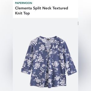 Papermoon brand split neck blouse in denim blue color with white floral print.